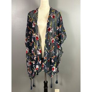 Japna Kimono Cardigan Medium Gray Floral Velvet Burnout Tassel Boho Fairy Grunge